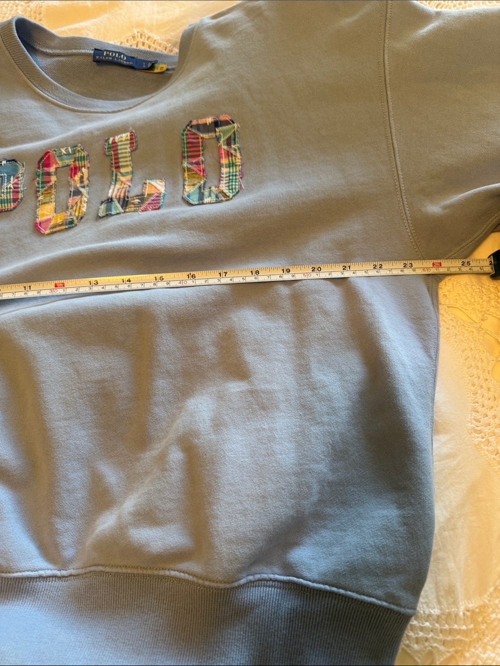 Polo by Ralph Lauren Dusty Blue Crewneck Sweatshirt with Plaid Appliqué